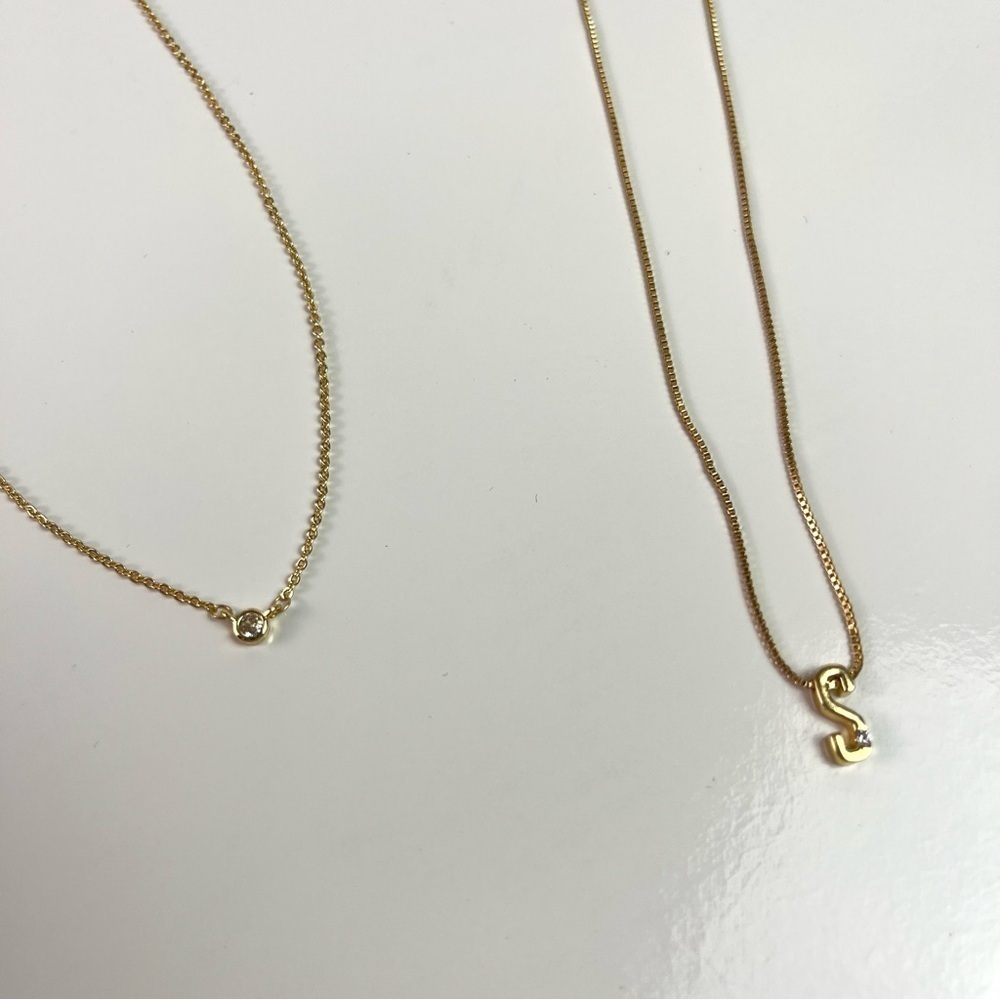 Set of 2 Gold Toned Necklaces Initial “S” and Clear Stone Necklace